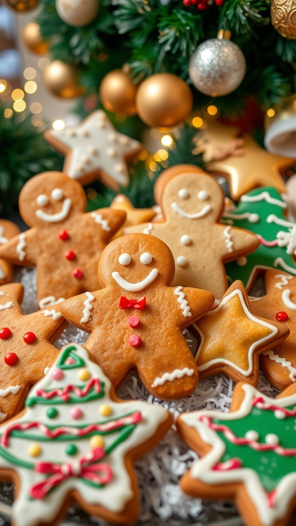 Decorated gingerbread cookies in festive shapes on a holiday-themed table.